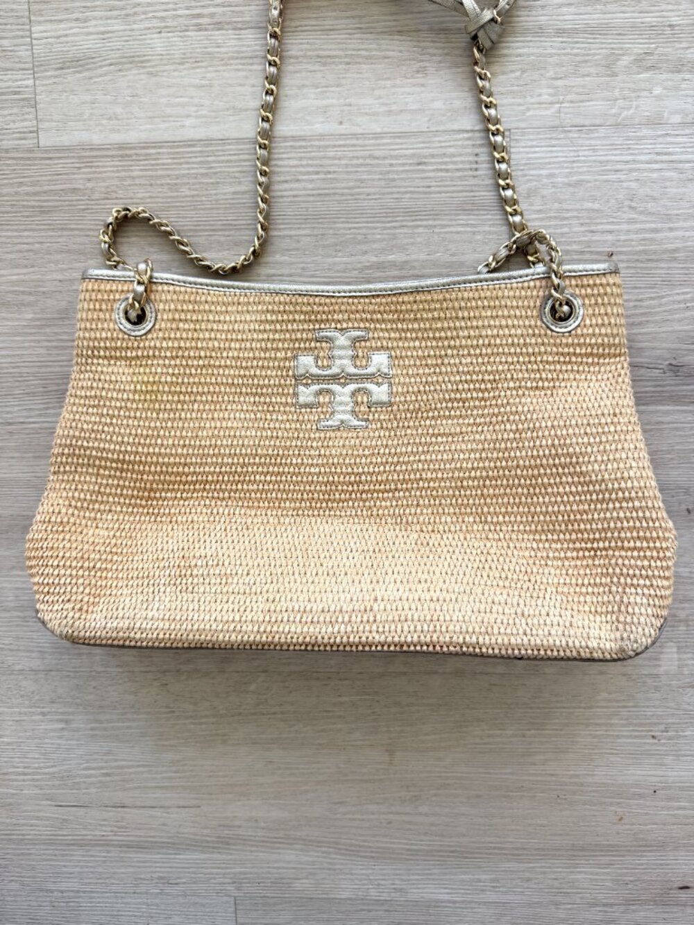 Tory Burch Woven Shoulder Bag Purse Tote Gold Accents Tassels Natural - Picture 14 of 15
